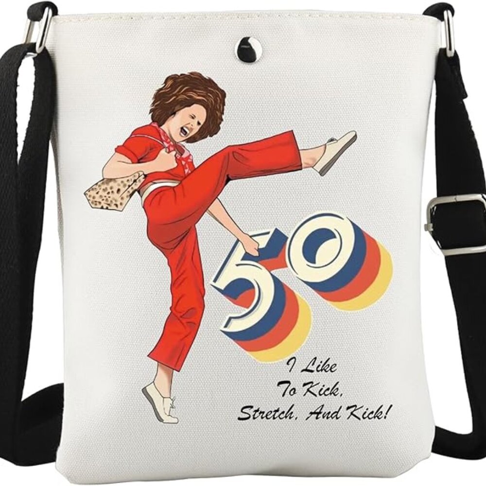 NWT Sally O’Malley‎ I’m Fifty I Like To Kick Stretch And Kick Bag Funny Gift SNL